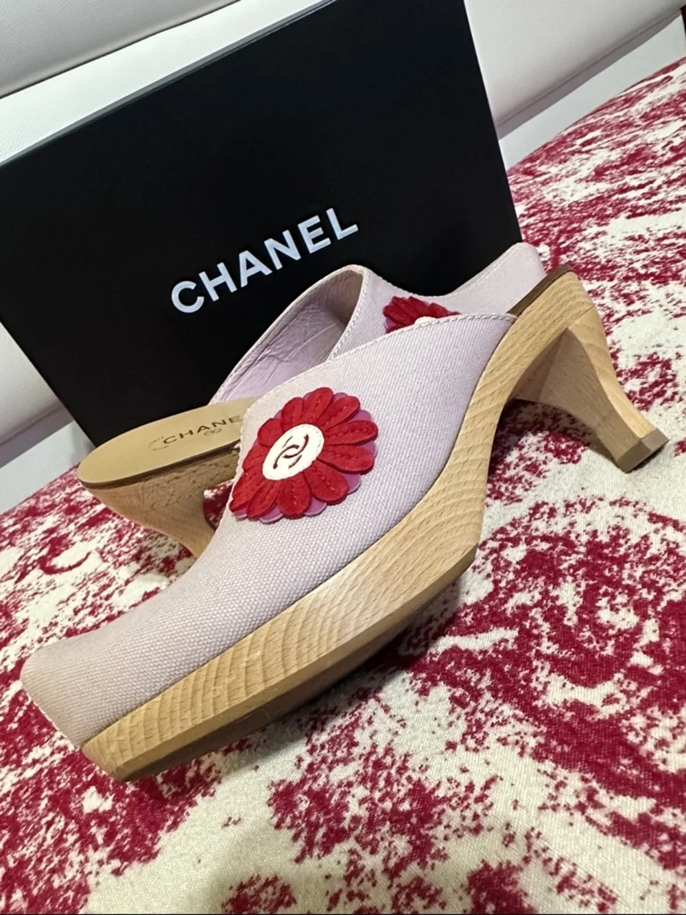 CHANEL Light Purple Canvas Mules with Red Flower Accent